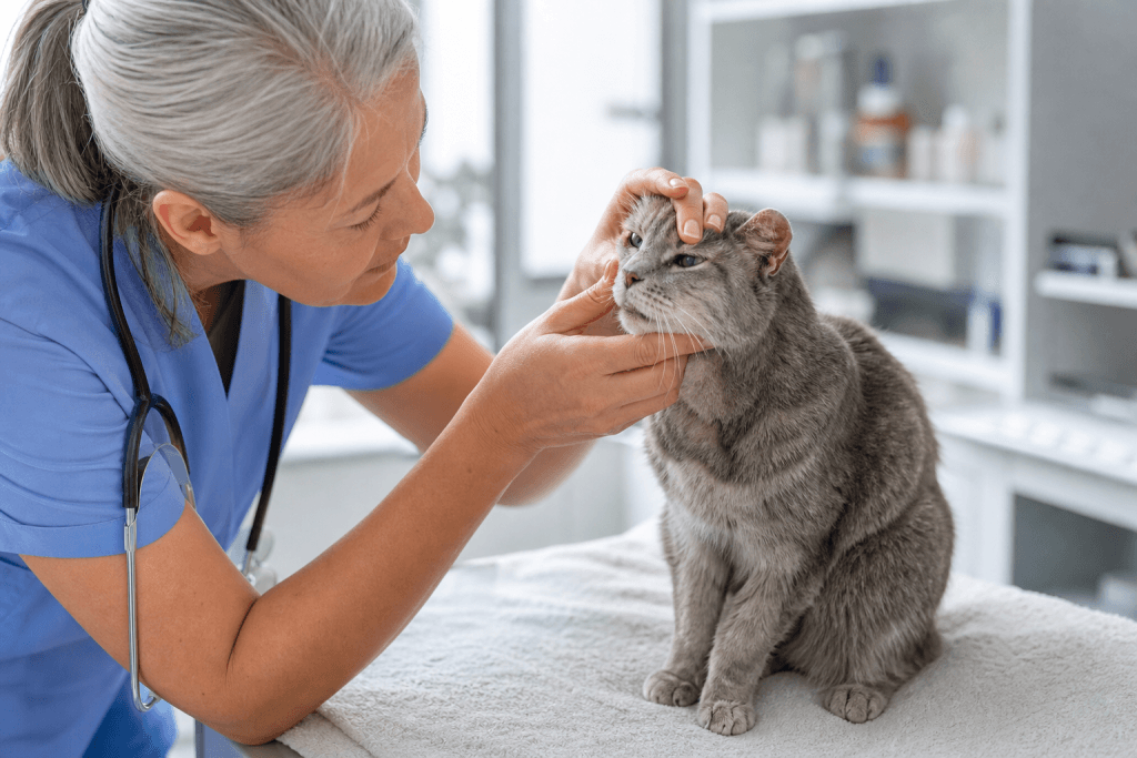 Starost mačke in preventivni veterinarski pregled starejše mačke v ambulanti.