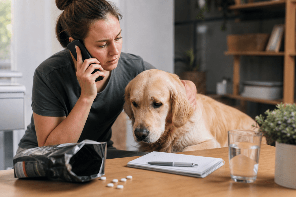 Prva pomoč za psa ob telefonskem posvetu z veterinarjem po zaužitju neznane snovi.